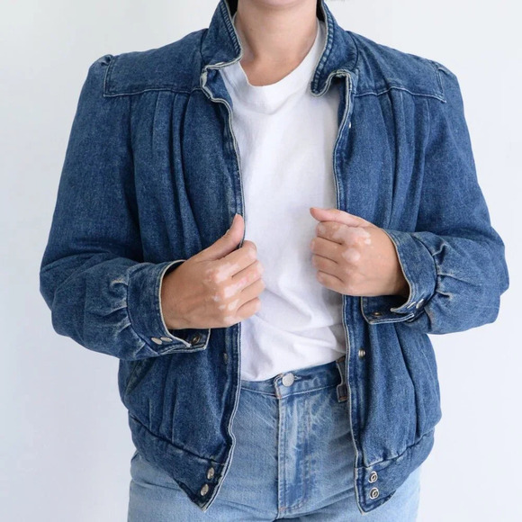 Vintage Denim Trucker Jacket Red Black Checker Flannel Lined Button Up Jacket L - Picture 2 of 13